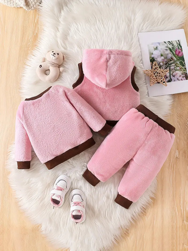 Autumn/Winter Warm Three-Piece Fleece-Lined Bear Face Long Sleeve Set for Baby