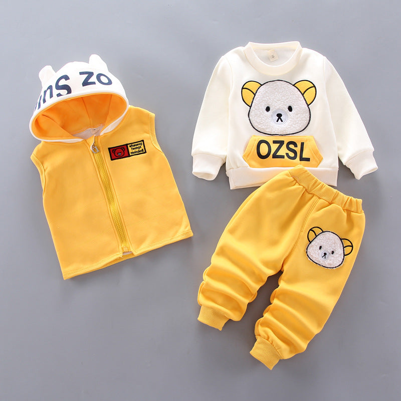 Autumn/Winter Warm Three-Piece Fleece-Lined Bear Face Long Sleeve Set for Baby