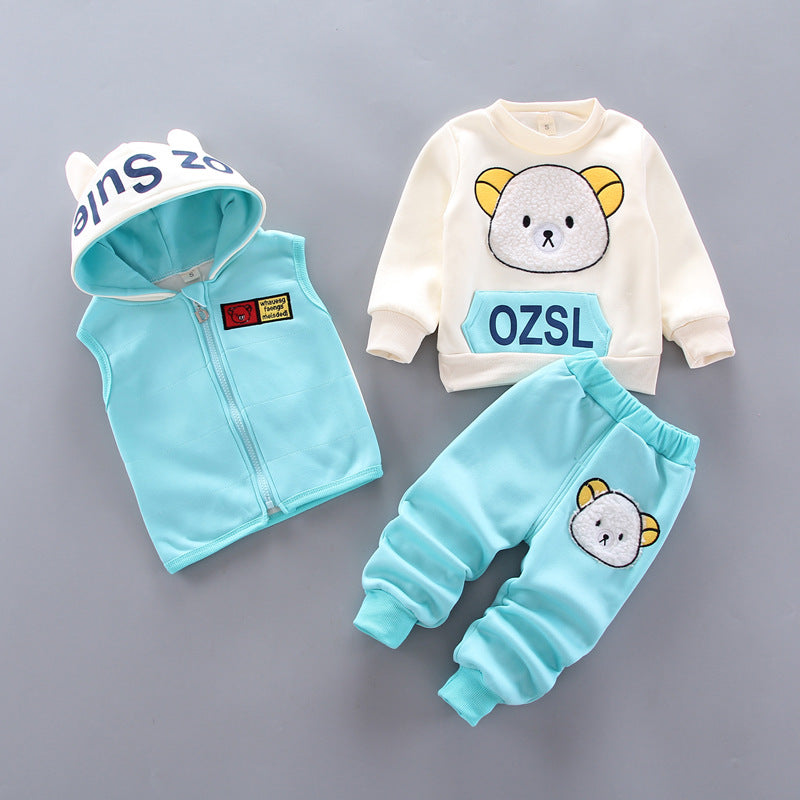 Autumn/Winter Warm Three-Piece Fleece-Lined Bear Face Long Sleeve Set for Baby