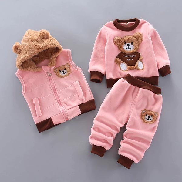 Autumn/Winter Warm Three-Piece Fleece-Lined Bear Face Long Sleeve Set for Baby