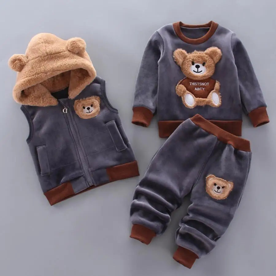 Autumn/Winter Warm Three-Piece Fleece-Lined Bear Face Long Sleeve Set for Baby