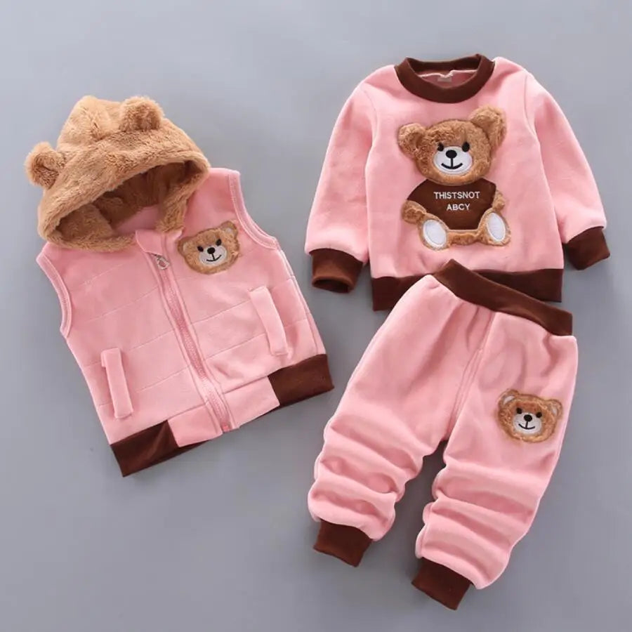 Autumn/Winter Warm Three-Piece Fleece-Lined Bear Face Long Sleeve Set for Baby