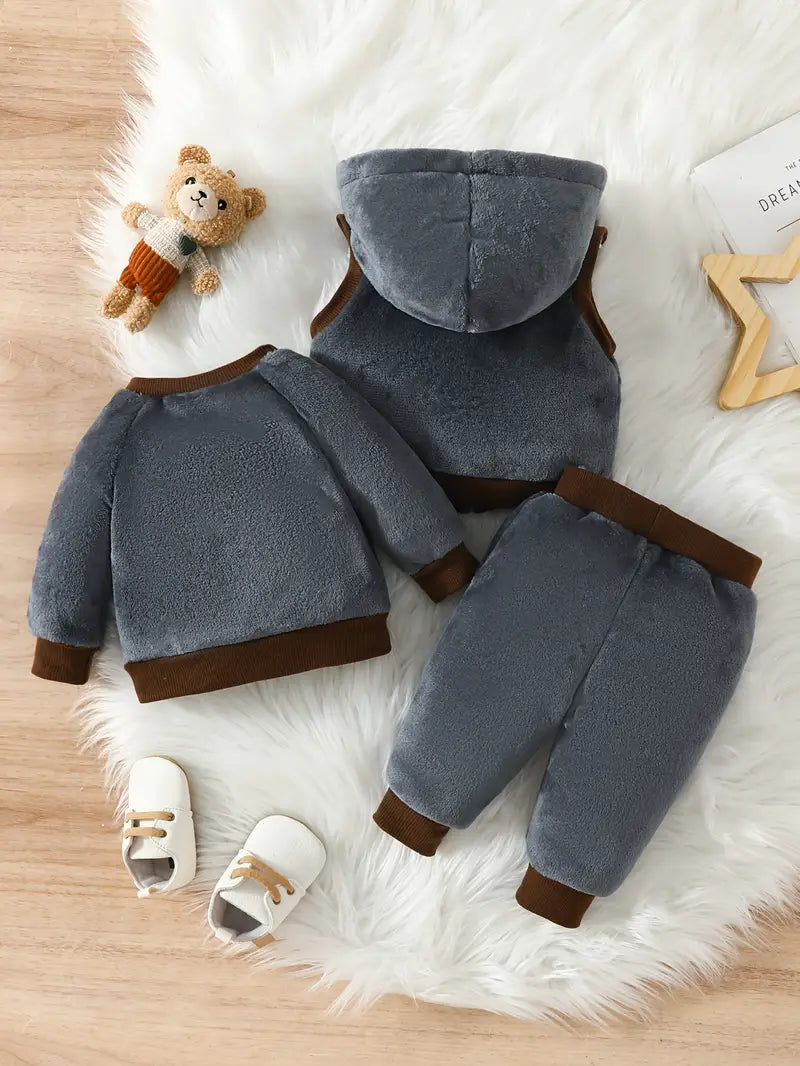 Autumn/Winter Warm Three-Piece Fleece-Lined Bear Face Long Sleeve Set for Baby