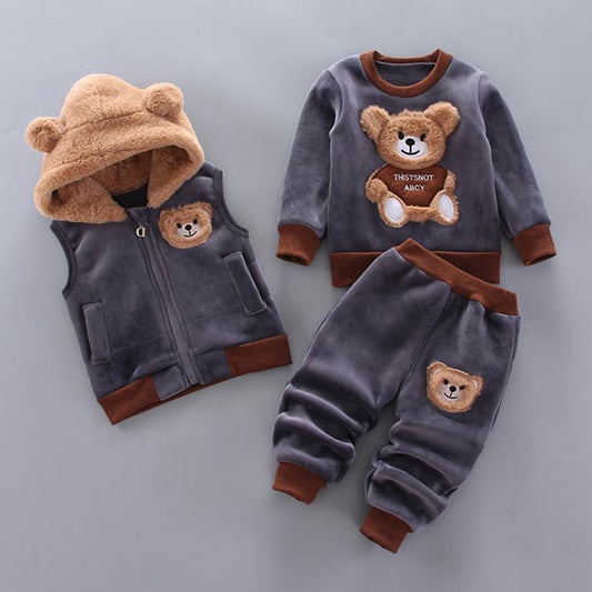 Autumn/Winter Warm Three-Piece Fleece-Lined Bear Face Long Sleeve Set for Baby