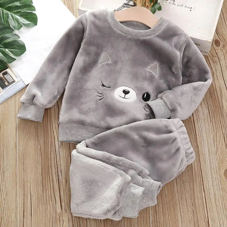 Autumn/Winter Warm Three-Piece Fleece-Lined Bear Face Long Sleeve Set for Baby
